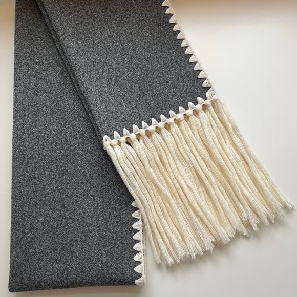 New! Blanket Stitch Tassel Scarf in Gray and Cream - Picture 3 of 7